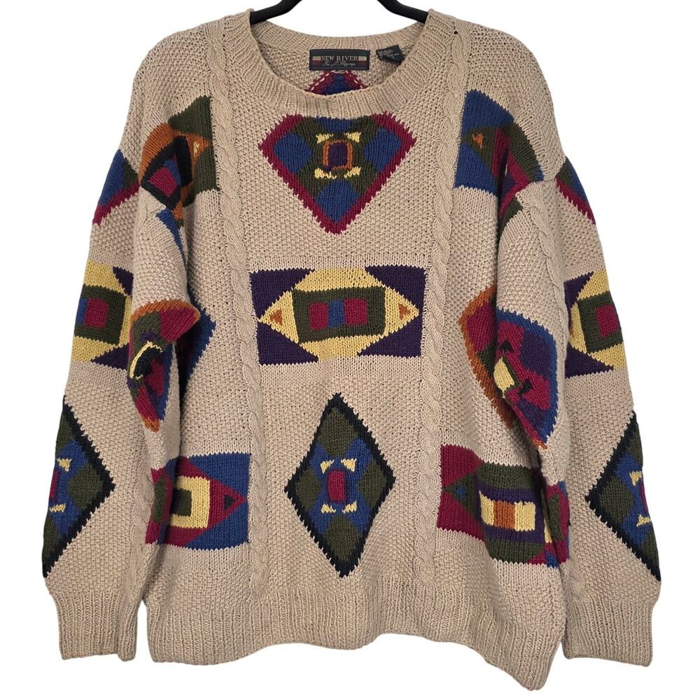 Vintage New River for J Riggings Cable Knit Crew Neck Sweater, Men's Size Large